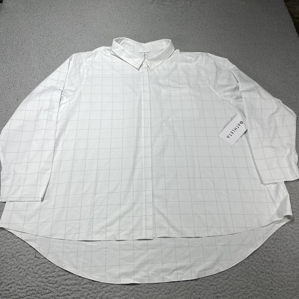 Athleta Shirt Womens 3X White Urbanite Printed Top Long Sleeve UPF Stretch Check
